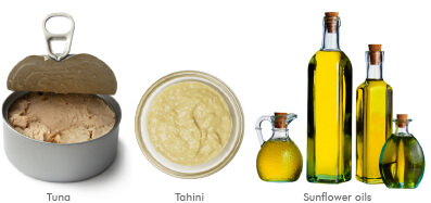 Exmaples of polyunsaturated fats - tuna, tahini and sunflower oils