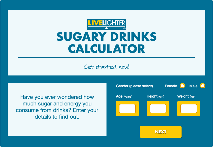 Screenshot of the LiveLighter Sugary Drinks Calculator 